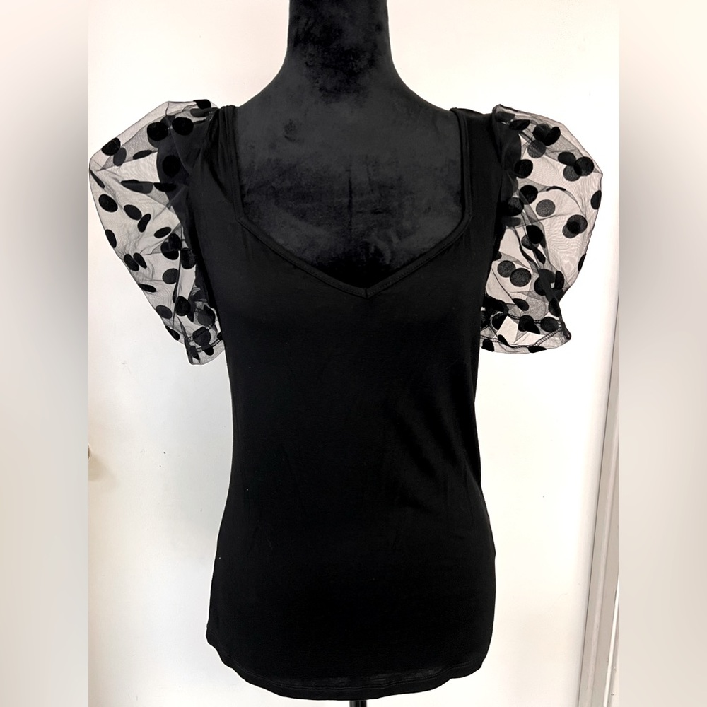 Black Top Sleeves Mesh  Velvet Polka Dot Sz L